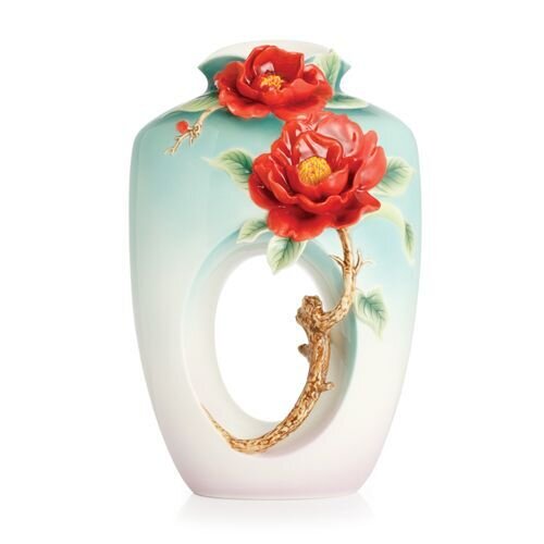 Franz Porcelain Red Camellia Design Sculptured Porcelain Mid Size Vase FZ02677