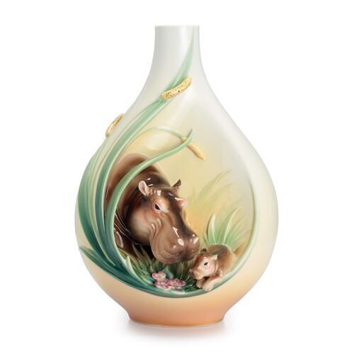 Franz Porcelain Safari Jungle Beauties Hippo/Baby Design Sculptured Porcelain Mid Size Vase FZ02374