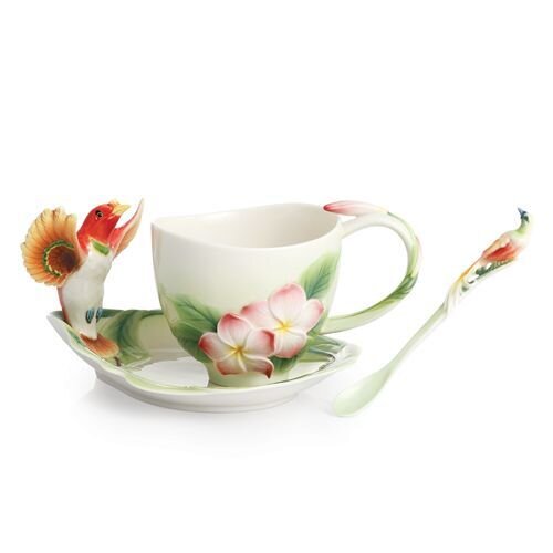 Franz Porcelain Shangri-La Bird Of Paradise Flower Cup Saucer Spoon Set FZ02388