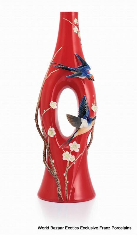 Franz Porcelain Swallow and Plum Flower Design Sculptured Porcelain Large Vase FZ02860