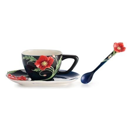 Franz Porcelain The Serenity Poppy Flower Cup Saucer Spoon Set FZ02474