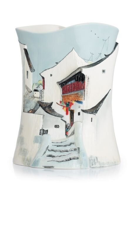Franz Porcelain Town In River South Vase With Wooden Base Limited Edition 588 FZ02695
