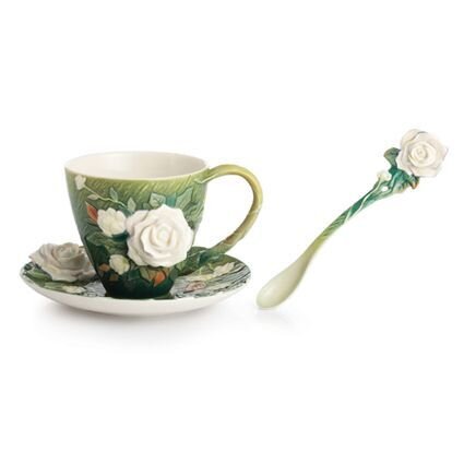 Franz Porcelain Van Gogh White Roses Flower Cup Saucer Spoon Set FZ02461