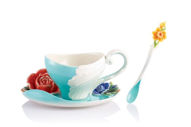 Franz Porcelain Versailles Garden Rose Cup Saucer Spoon Set FZ02608