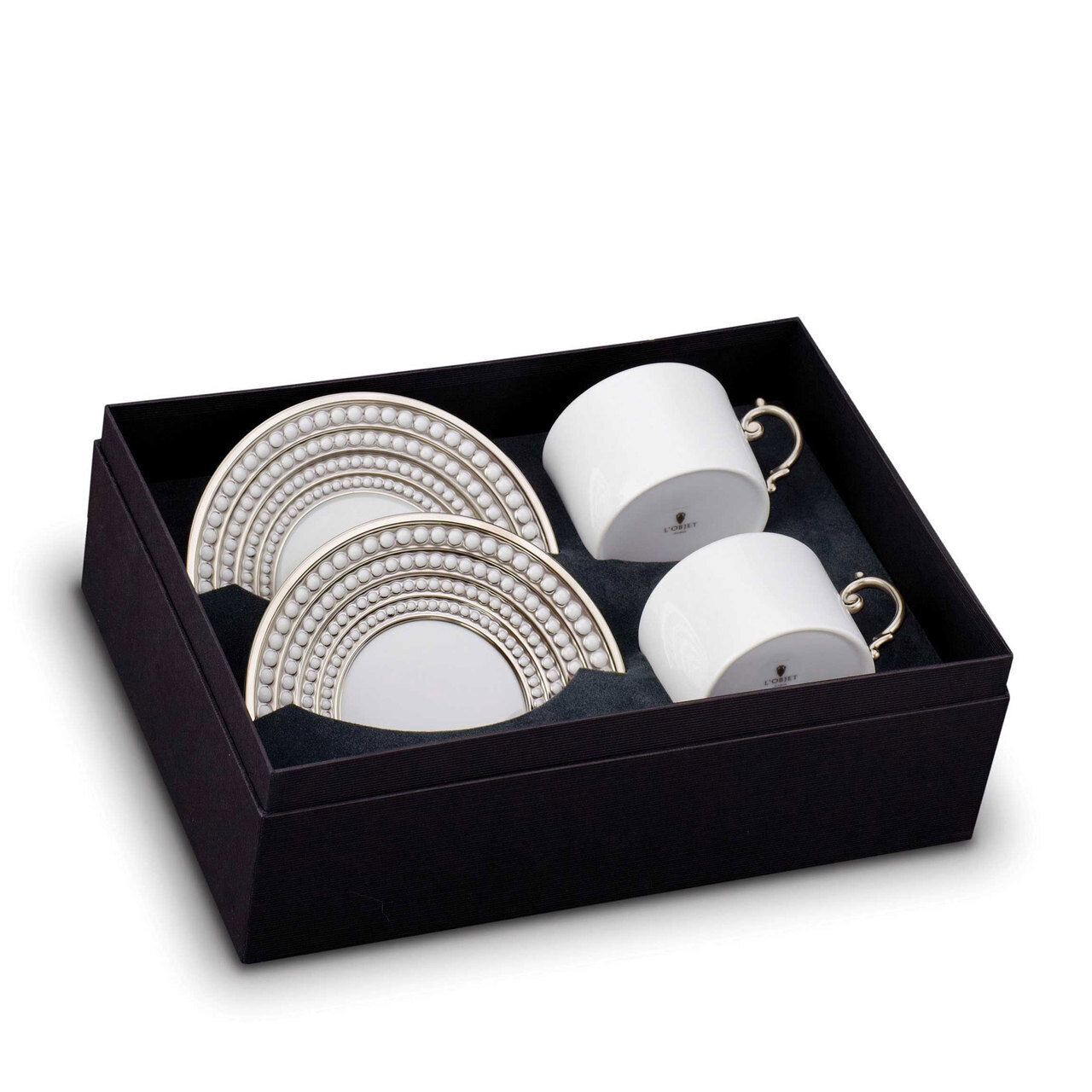L'Objet Perlee Tea Cup and Saucer Gift Box of 2 Platinum