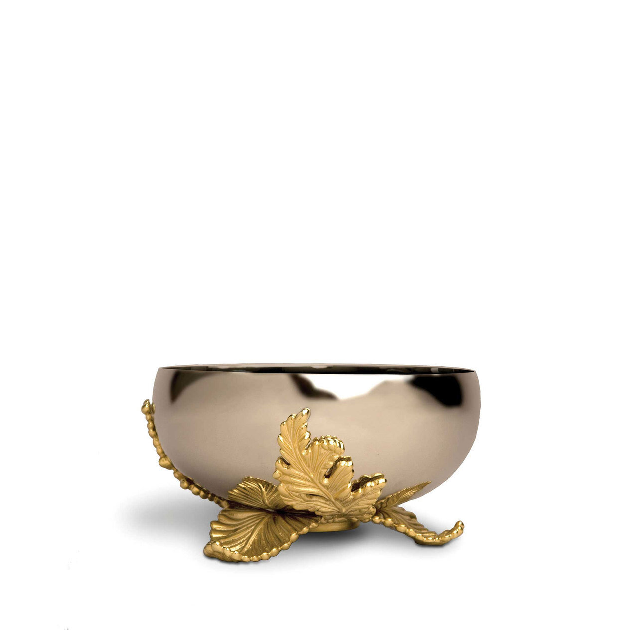 L'Objet Lamina Small Bowl Handcrafted Stainless Steel with 24k Gold-Plated leaf accents.