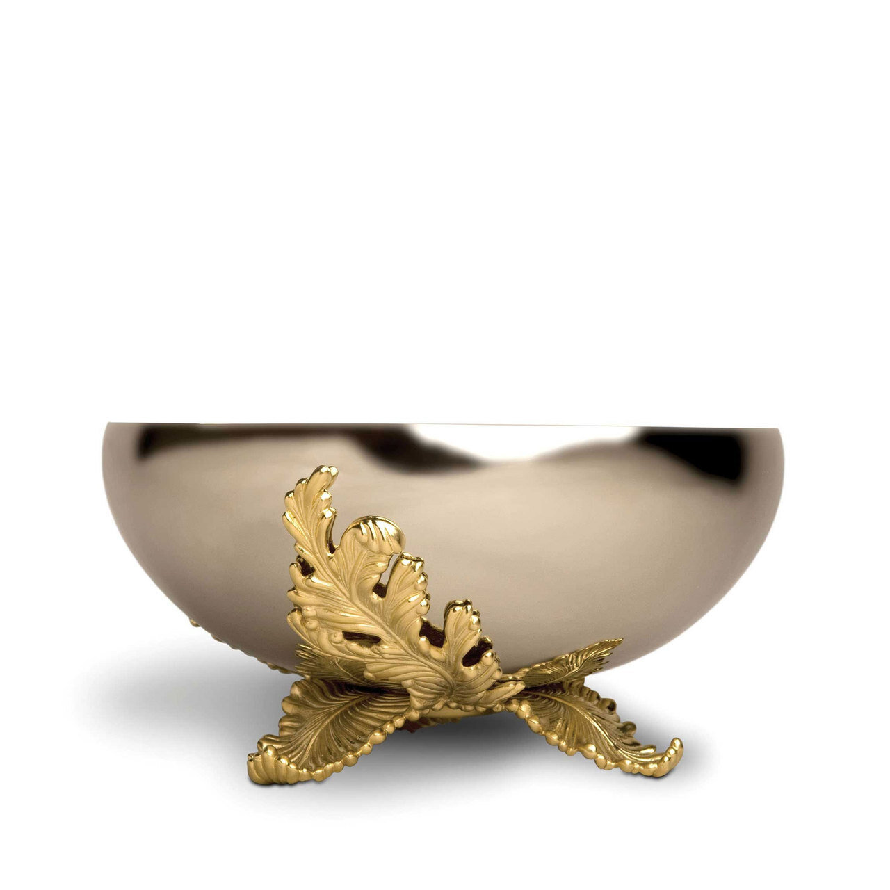 L'Objet Lamina Large Bowl Handcrafted Stainless Steel with 24k Gold-Plated leaf accents.