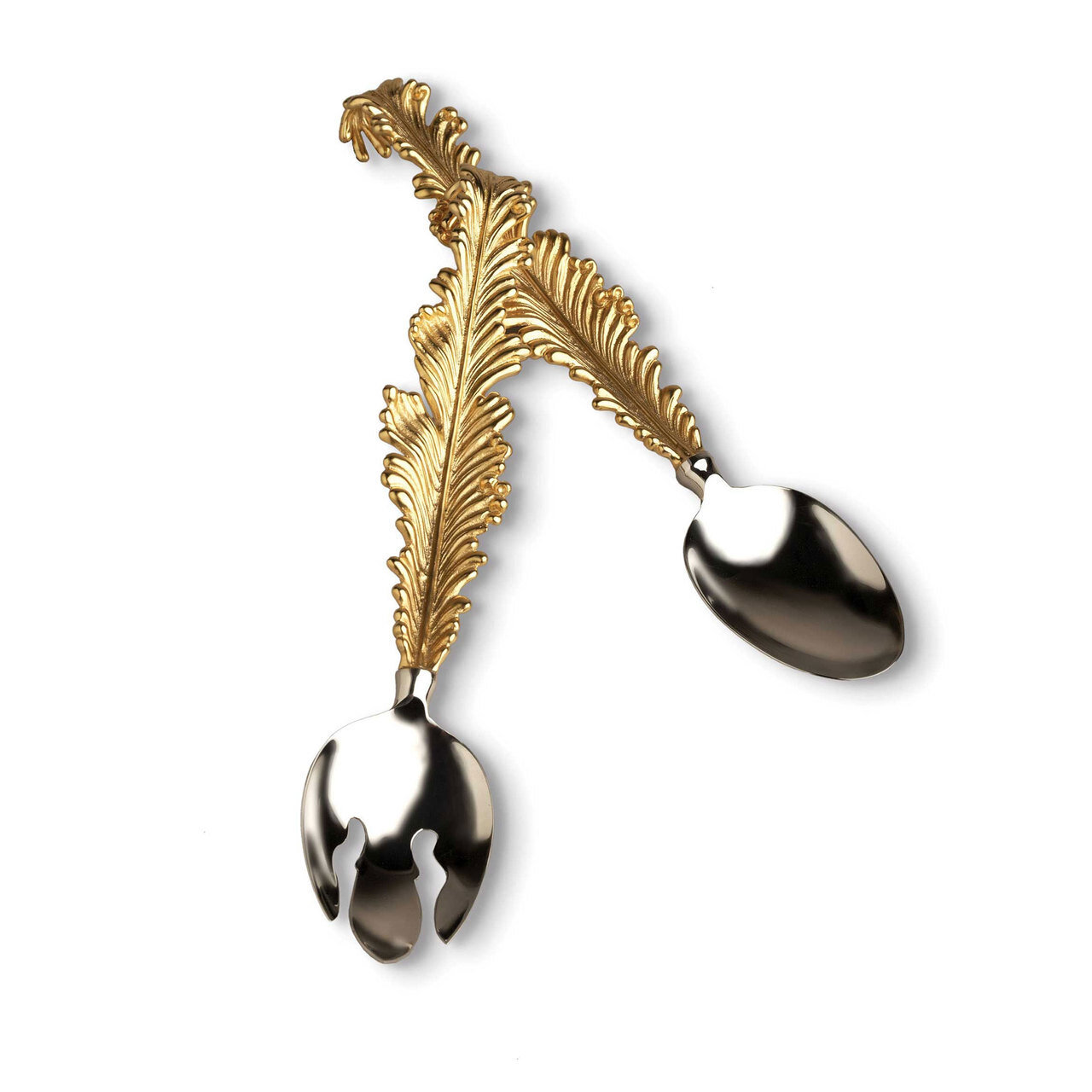 L'Objet Lamina Serving Set Handcrafted Stainless Steel with 24k Gold-Plated leaf accents.