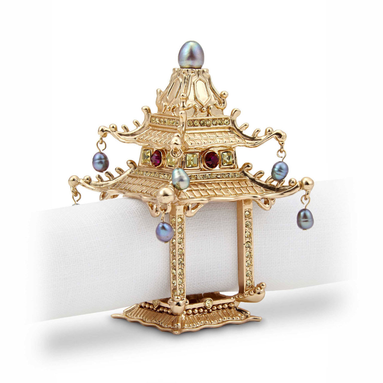 L'Objet Gold with Fresh Water Pearls and Yellow Crystals Set of Two Pagoda Napkin Holder