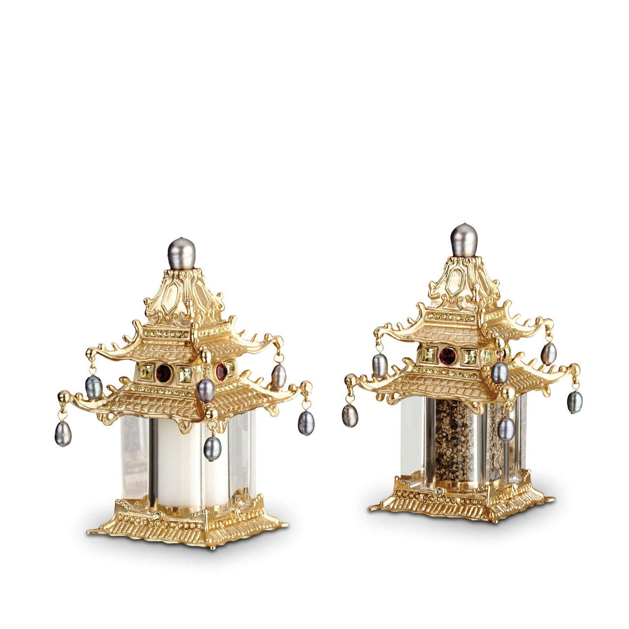 L'Objet Gold with Fresh Water Pearls with Yellow Crystals Salt and Pepper Shaker Pagoda Spice Jewels
