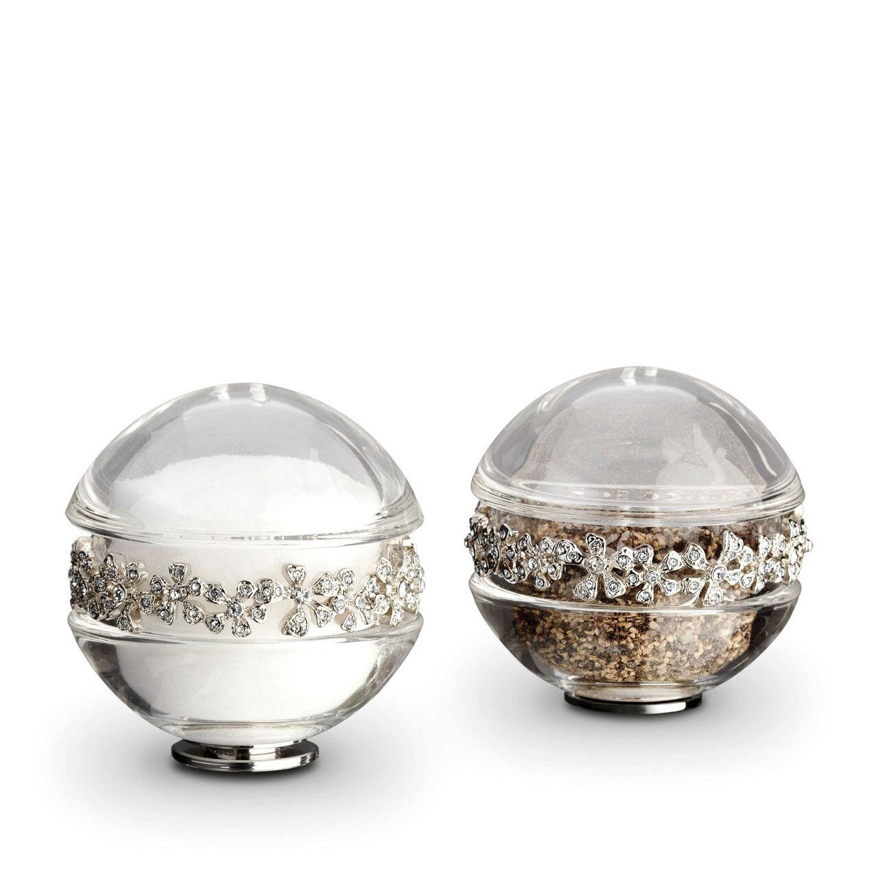 L'Objet Platinum with White Crystals Salt and Pepper Shaker Garland Spice Jewels