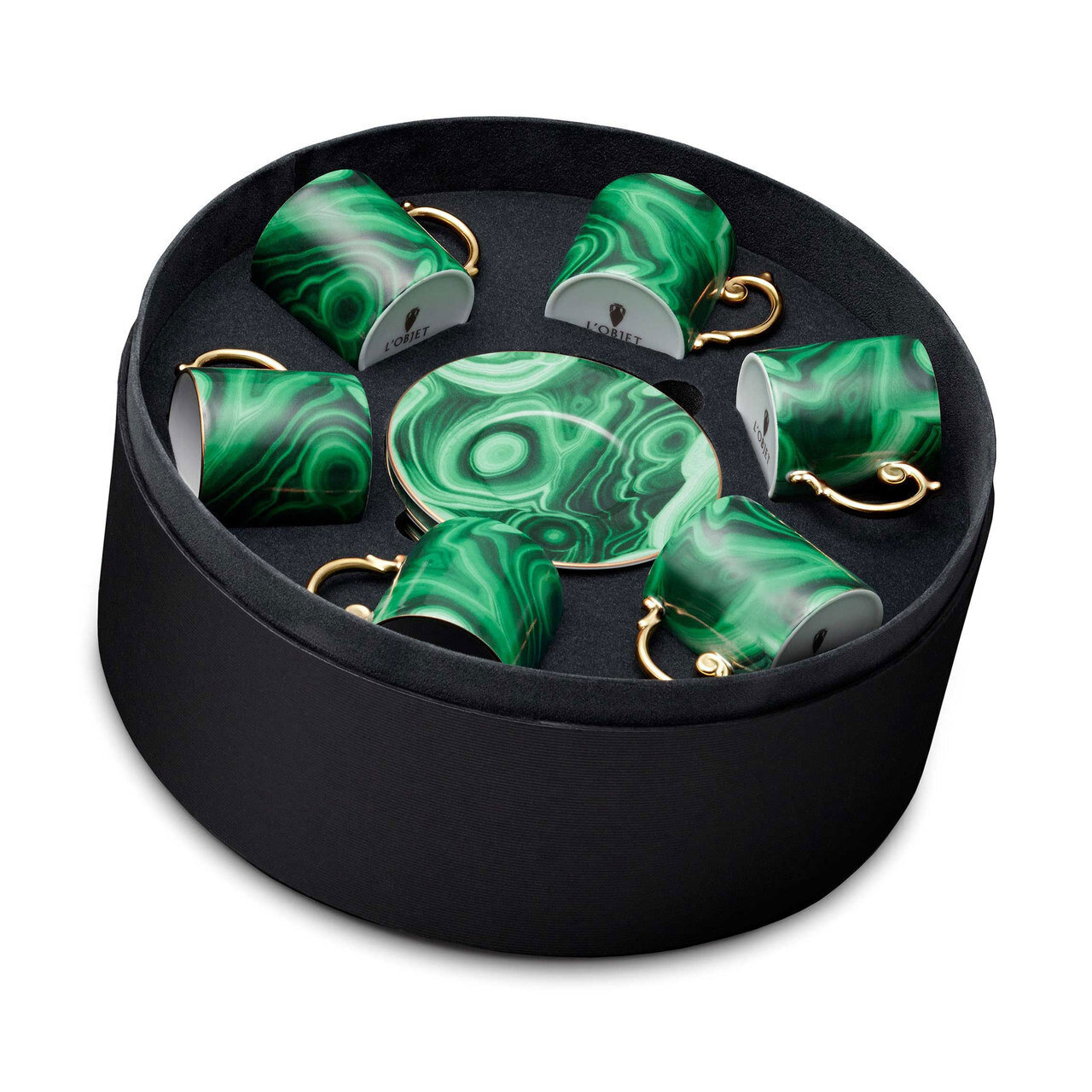 L'Objet Malachite Espresso Cup and Saucer Gift Box of 6