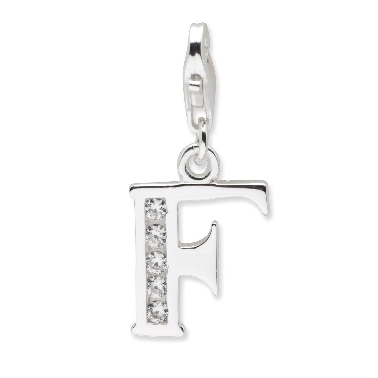 Letter F Charm Sterling Silver Synthetic Diamond QCC104F