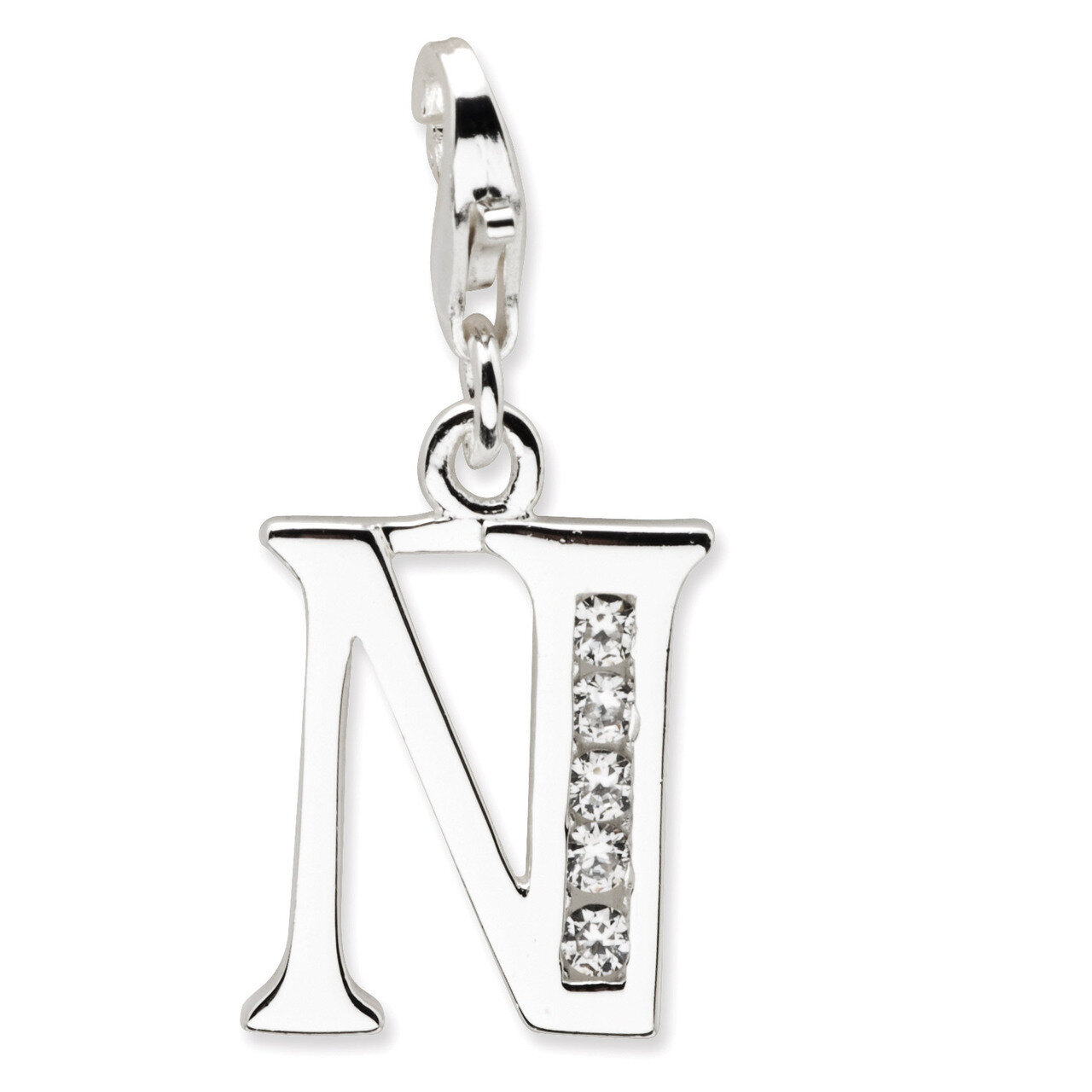 Letter N Charm Sterling Silver Synthetic Diamond QCC104N