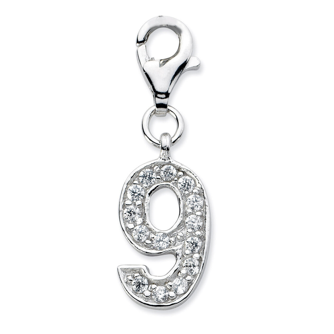 Numeral 9 Charm Sterling Silver Synthetic Diamond QCC105N9