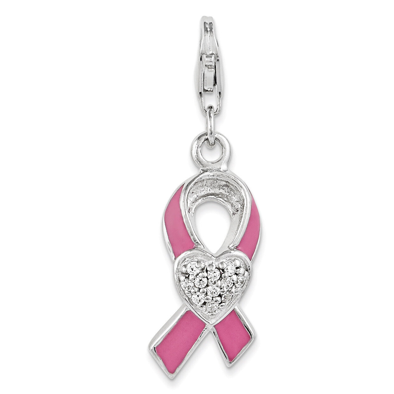Synthetic Diamond AwareneSterling Silver Ribbon &amp; Heart Charm Sterling Silver Enameled QCC1101 by A…