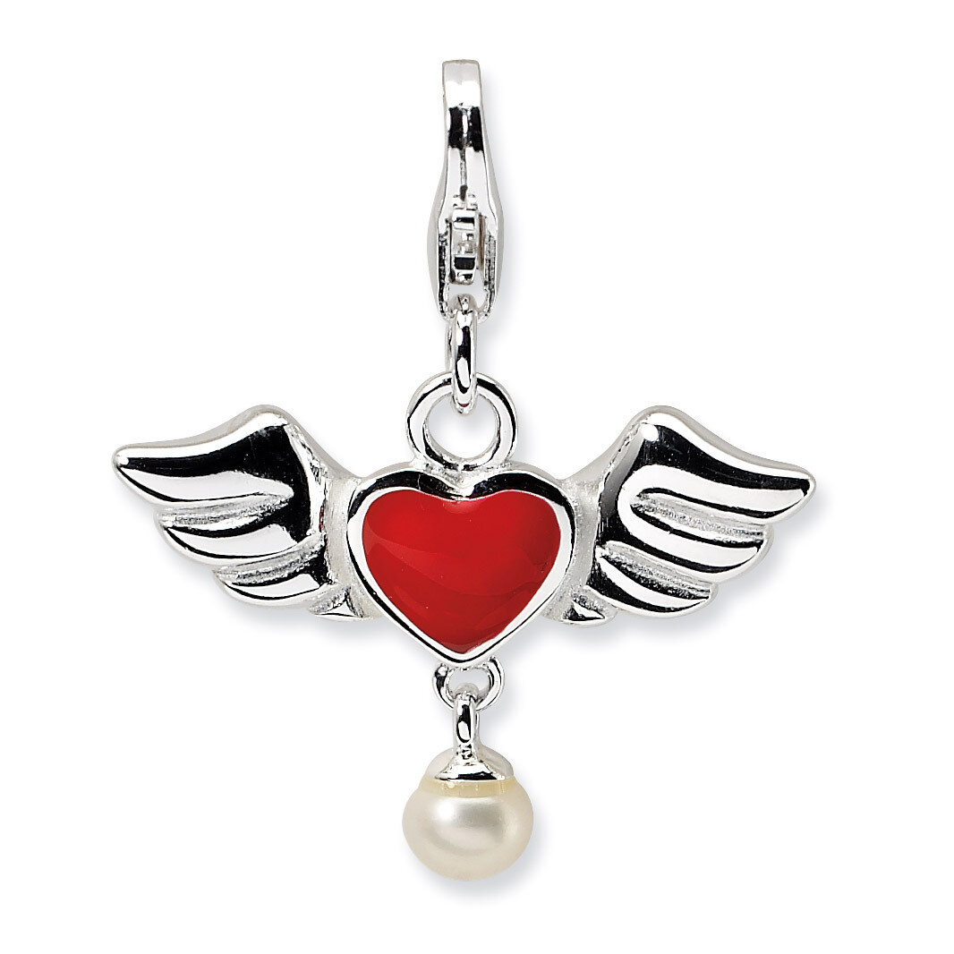 3-D Winged Red Heart Fresh Water Cultured Pearl with Lobster Charm Sterling Silver QCC122