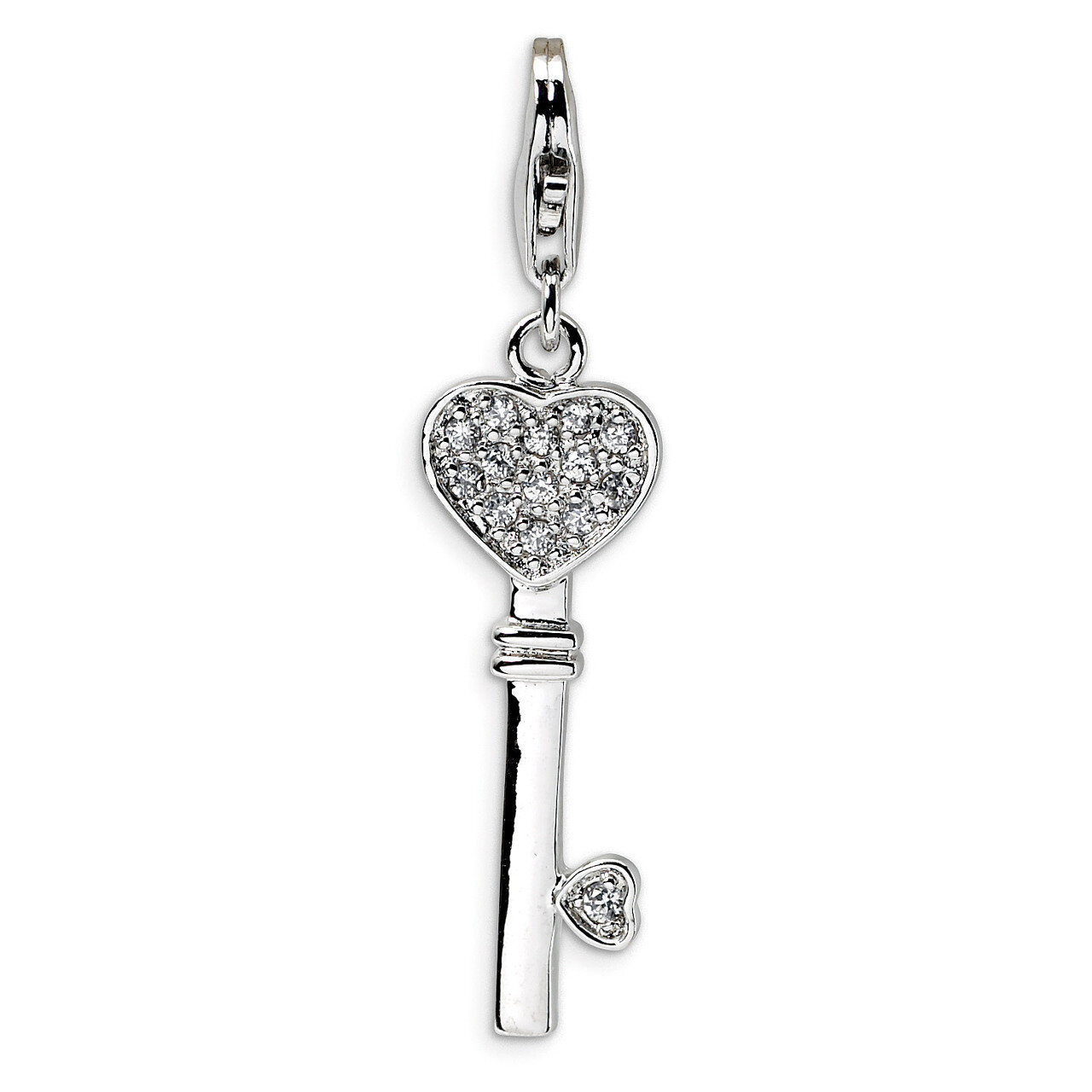 Heart Top Synthetic Diamond Key Charm Sterling Silver QCC137