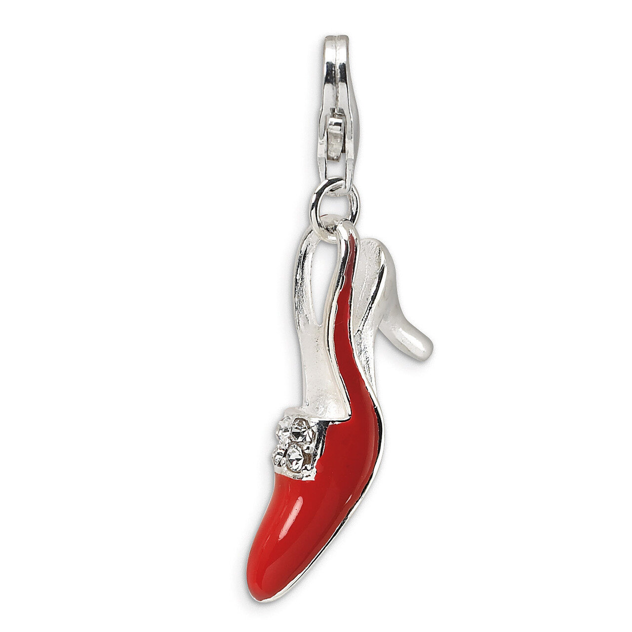 Red Enameled & Synthetic Diamond High Heel Shoe Charm Sterling Silver QCC204