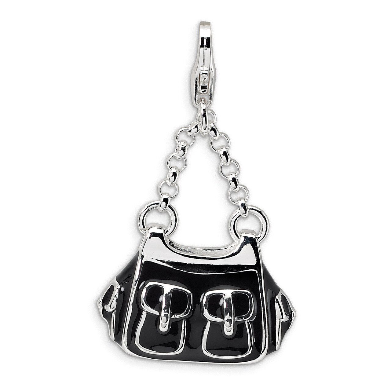 3-D Enameled Black Handbag Charm Sterling Silver QCC226