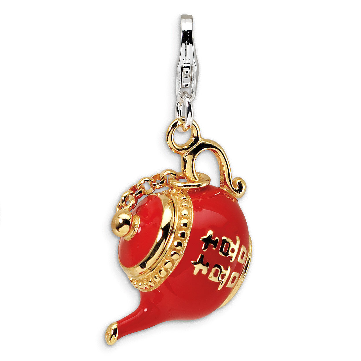 Gold-plated Red Enameled Tea Pot Charm Sterling Silver QCC267