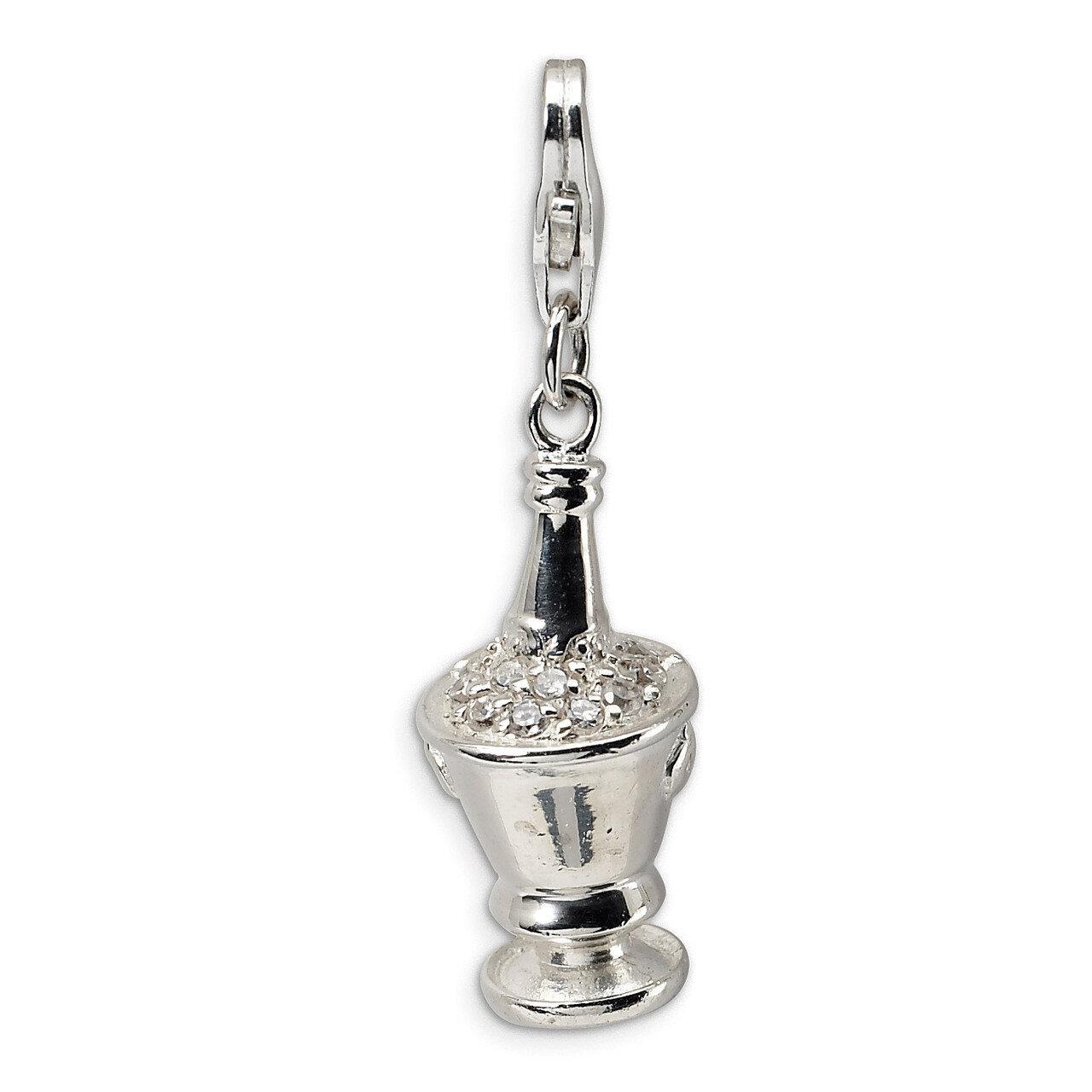 3-D Synthetic Diamond Champagne in Ice Bucket Charm Sterling Silver QCC344