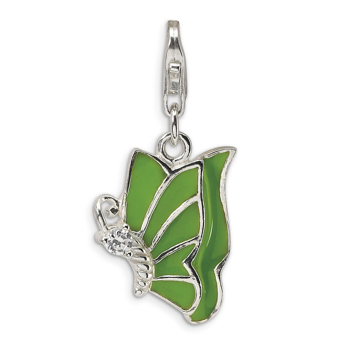 Green Enameled & Synthetic Diamond Butterfly Charm Sterling Silver QCC377