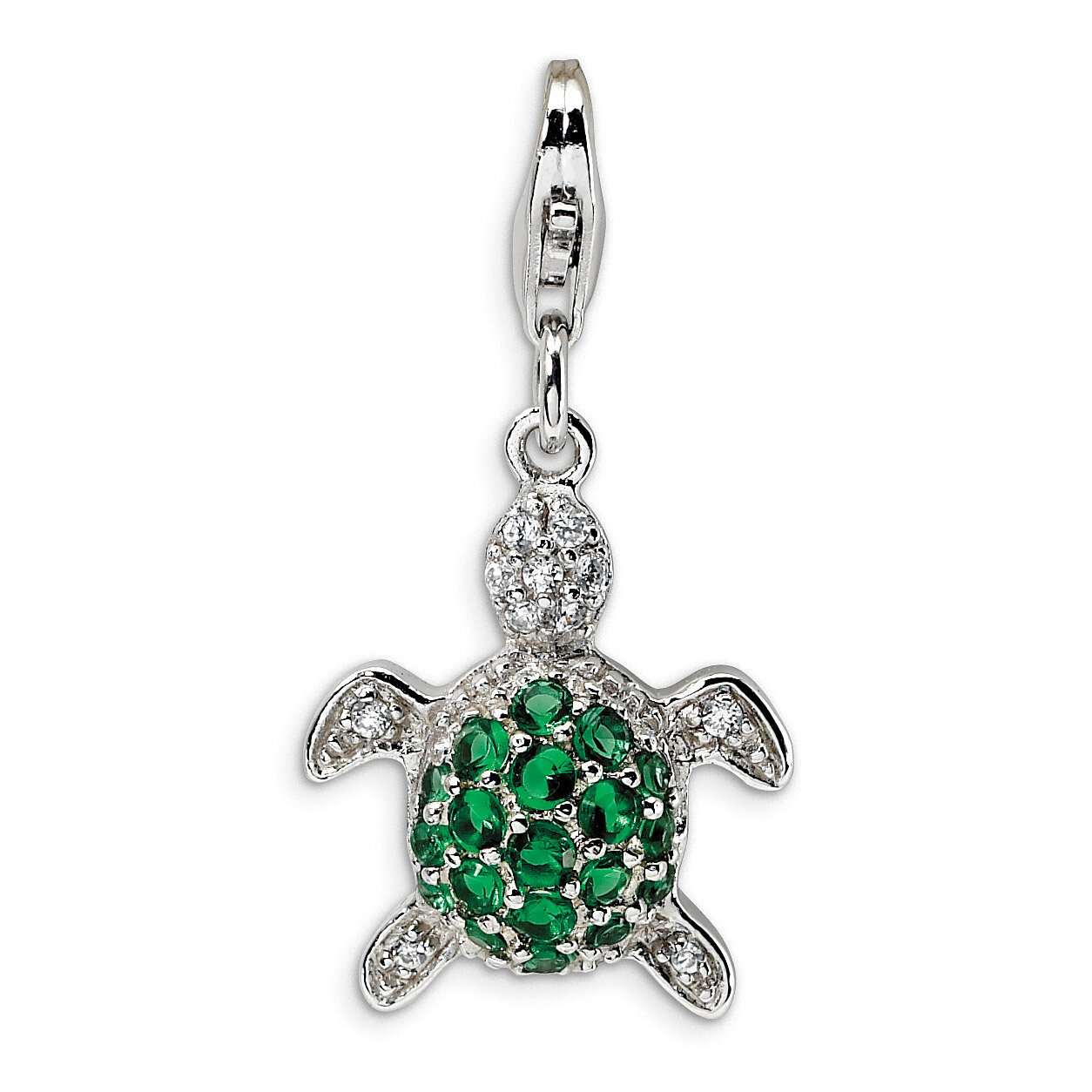 Green & Clear Synthetic Diamond Turtle Charm Sterling Silver QCC382