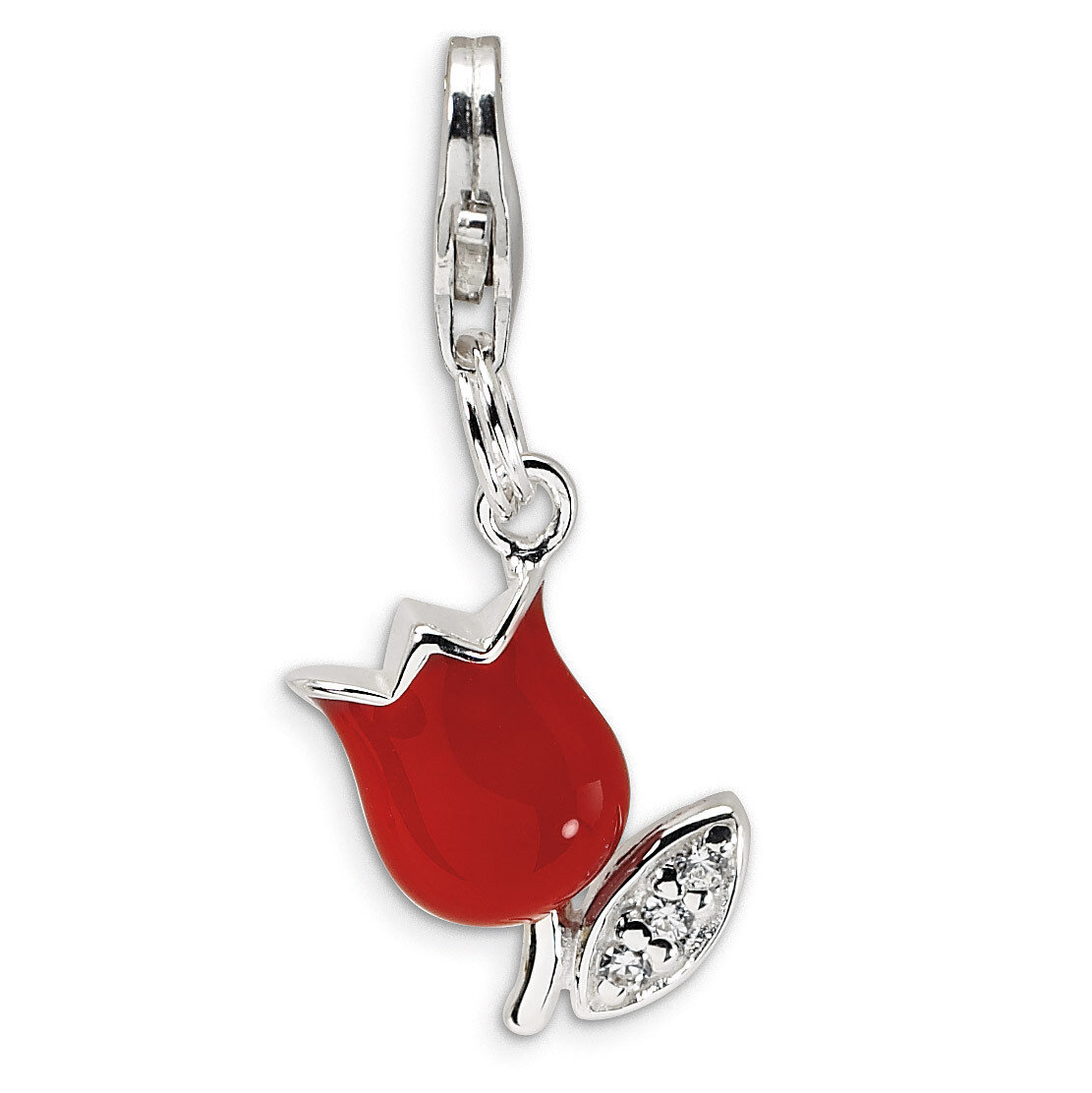 Red Enameled Tulip Flower Charm Sterling Silver Synthetic Diamond QCC398 by Amore La Vita, MPN: QCC…