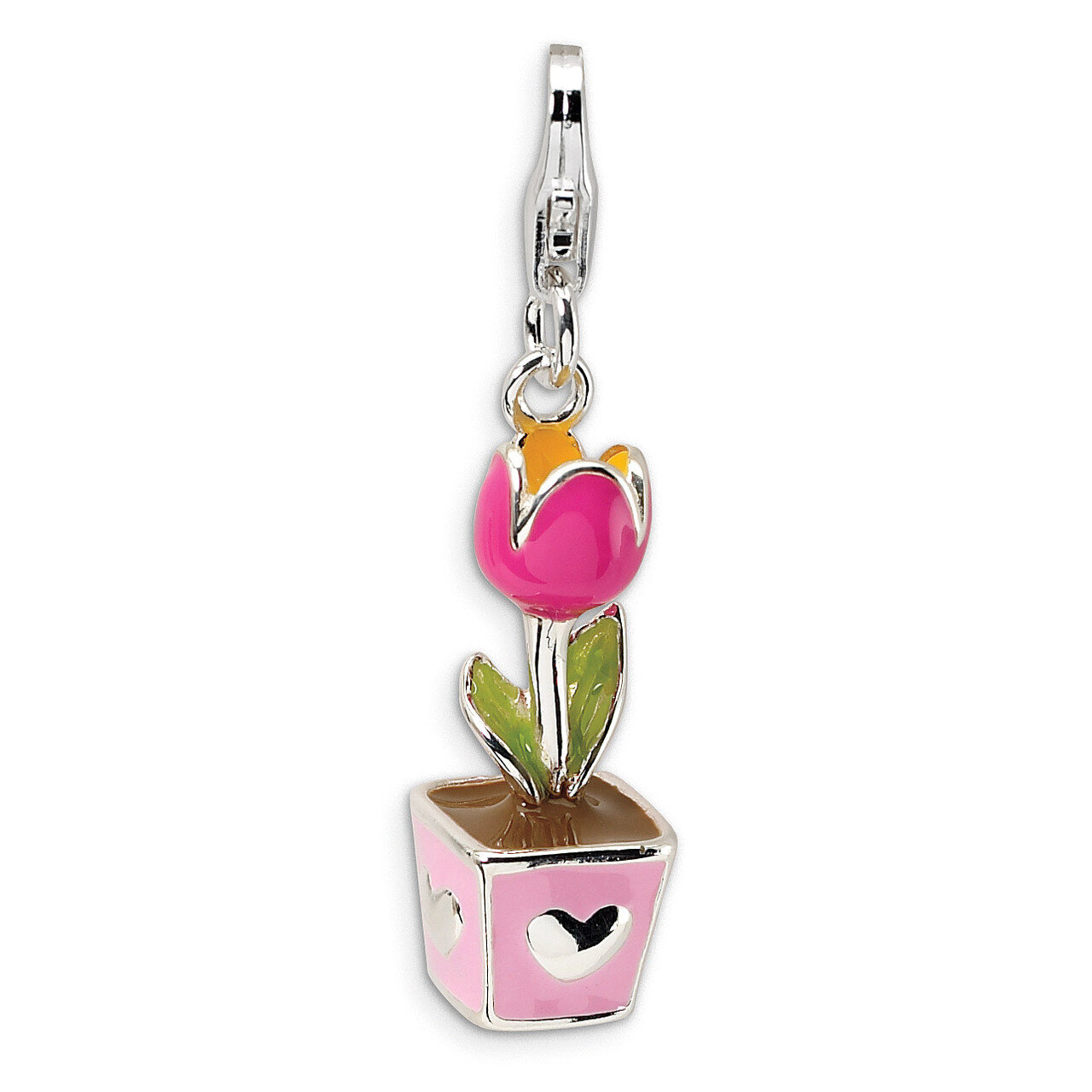3-D Pink Enameled Potted Tulip Charm Sterling Silver QCC404