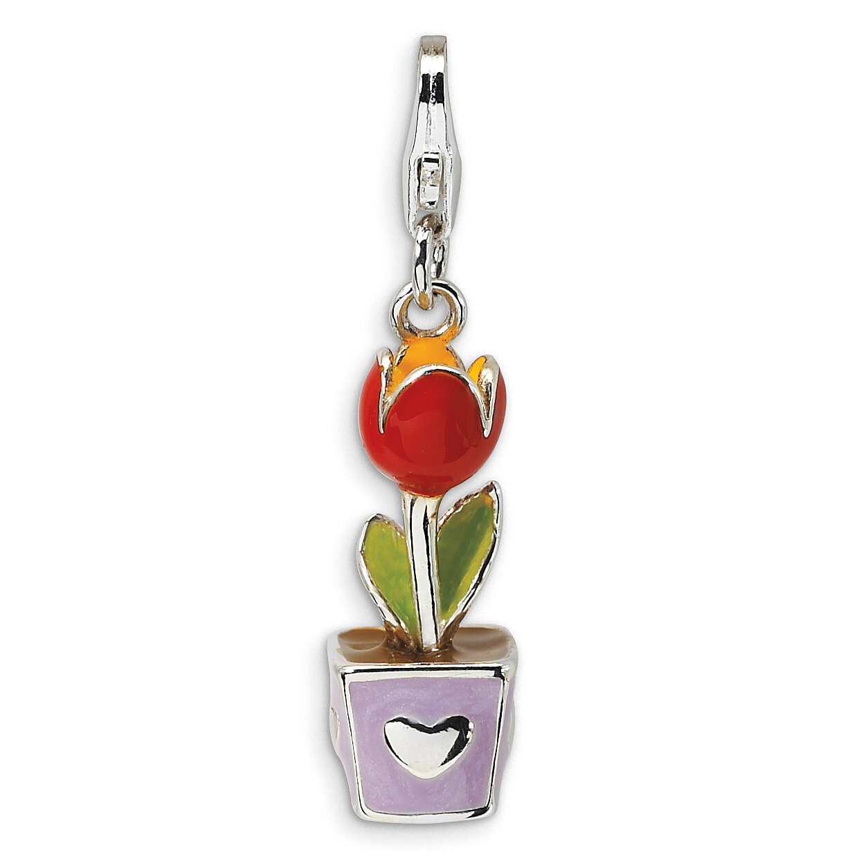 3-D Red Enamel Potted Tulip Flower Charm Sterling Silver QCC406