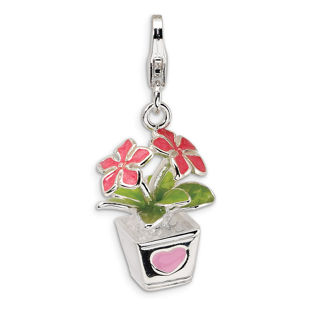 3-D Enameled Potted Flowers Charm Sterling Silver QCC407
