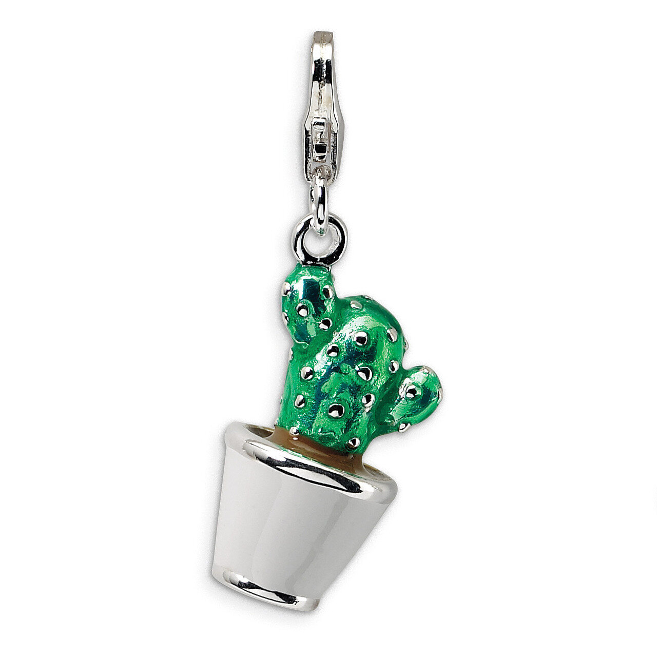 3-D Enameled Potted Green Cactus Charm Sterling Silver QCC409