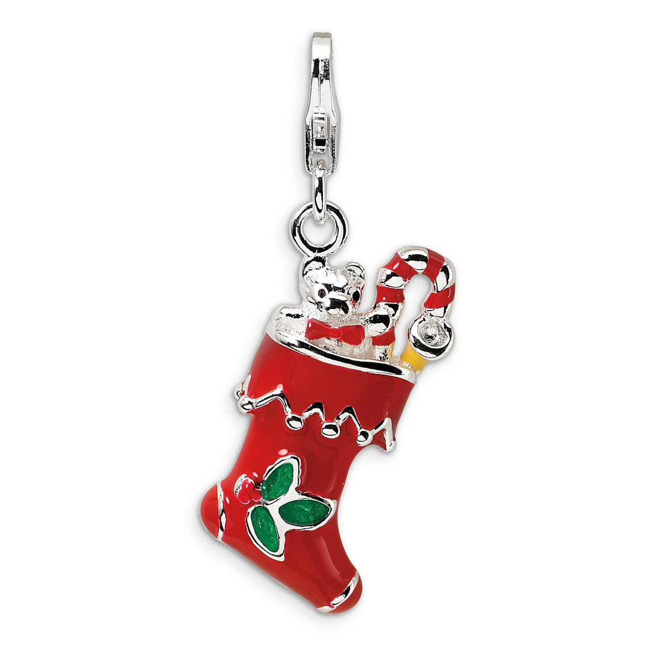 3-D Red Enameled Holiday Stocking Charm Sterling Silver QCC526