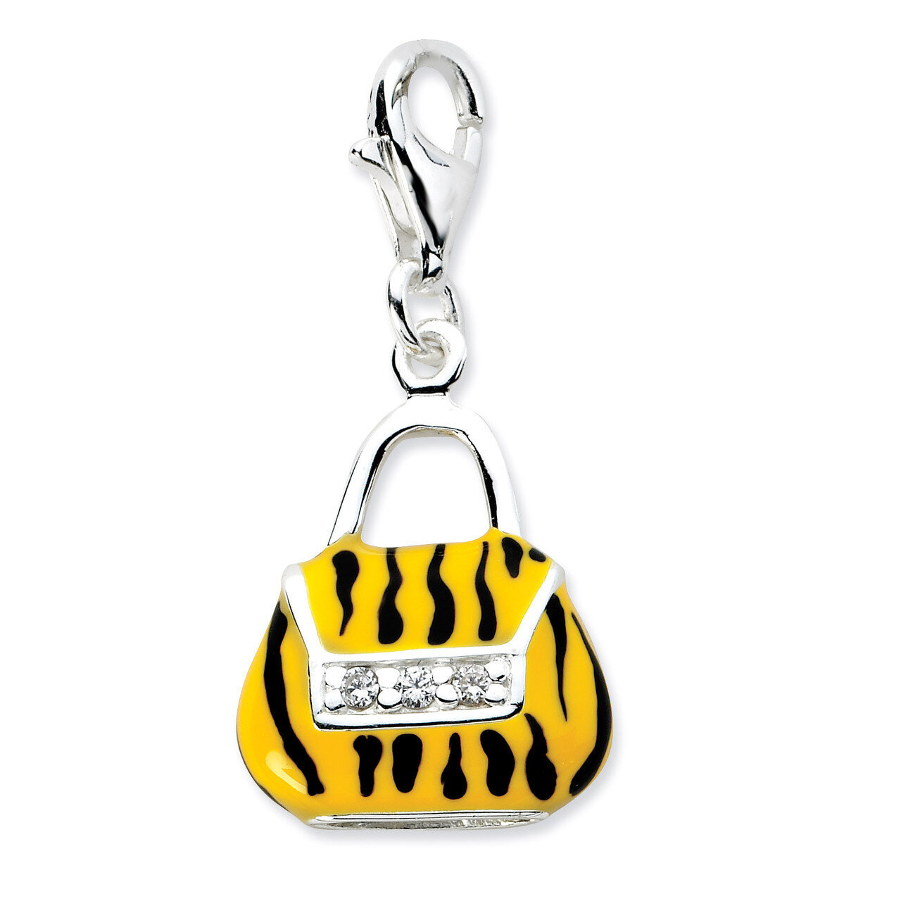 Enamel Tiger Purse Charm Sterling Silver Click-on Synthetic Diamond QCC586