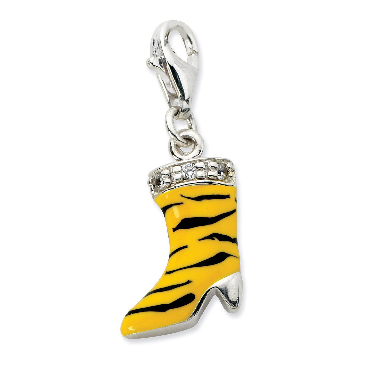 Enamel Tiger High Heel Boot Charm Sterling Silver Click-on Synthetic Diamond QCC594
