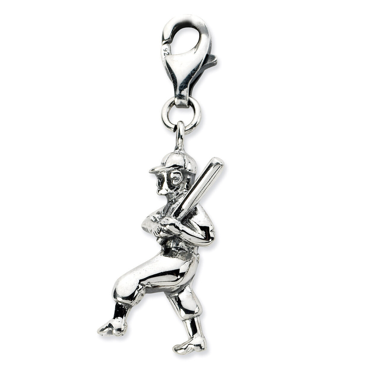 3-D Antiqued Baseball Player Charm Sterling Silver QCC658