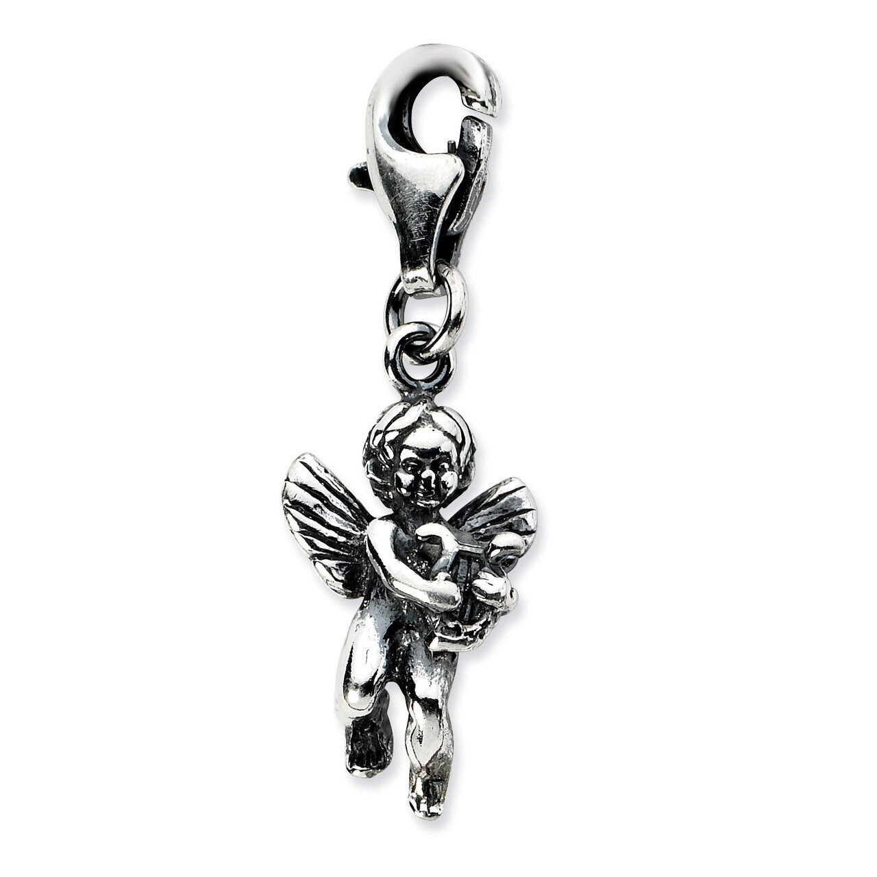 3D Antiqued Angel & Harp Charm Sterling Silver QCC685