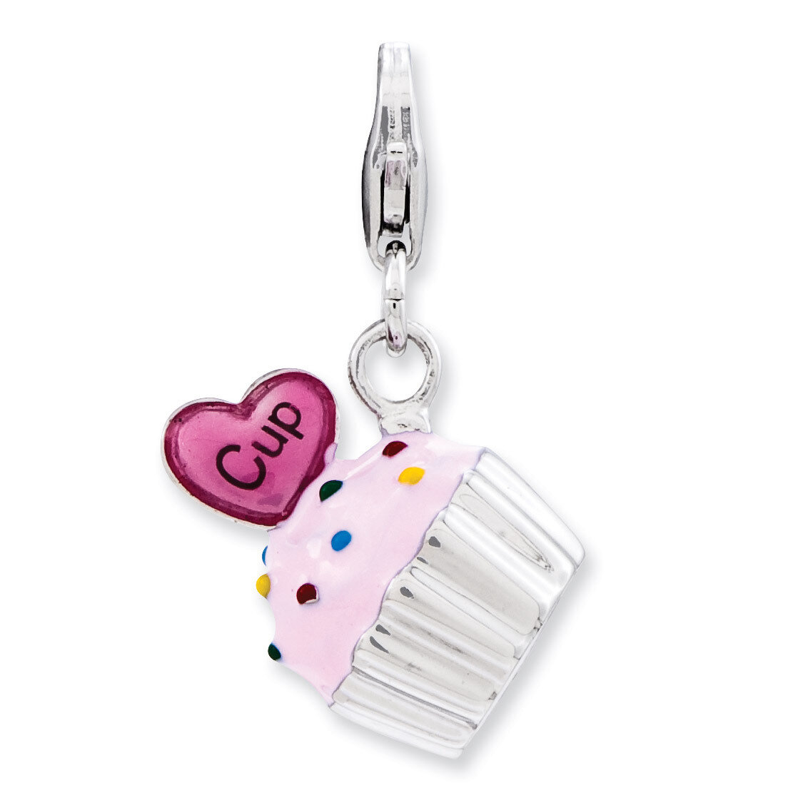 3-D Cupcake and Heart Charm Sterling Silver Enameled QCC802