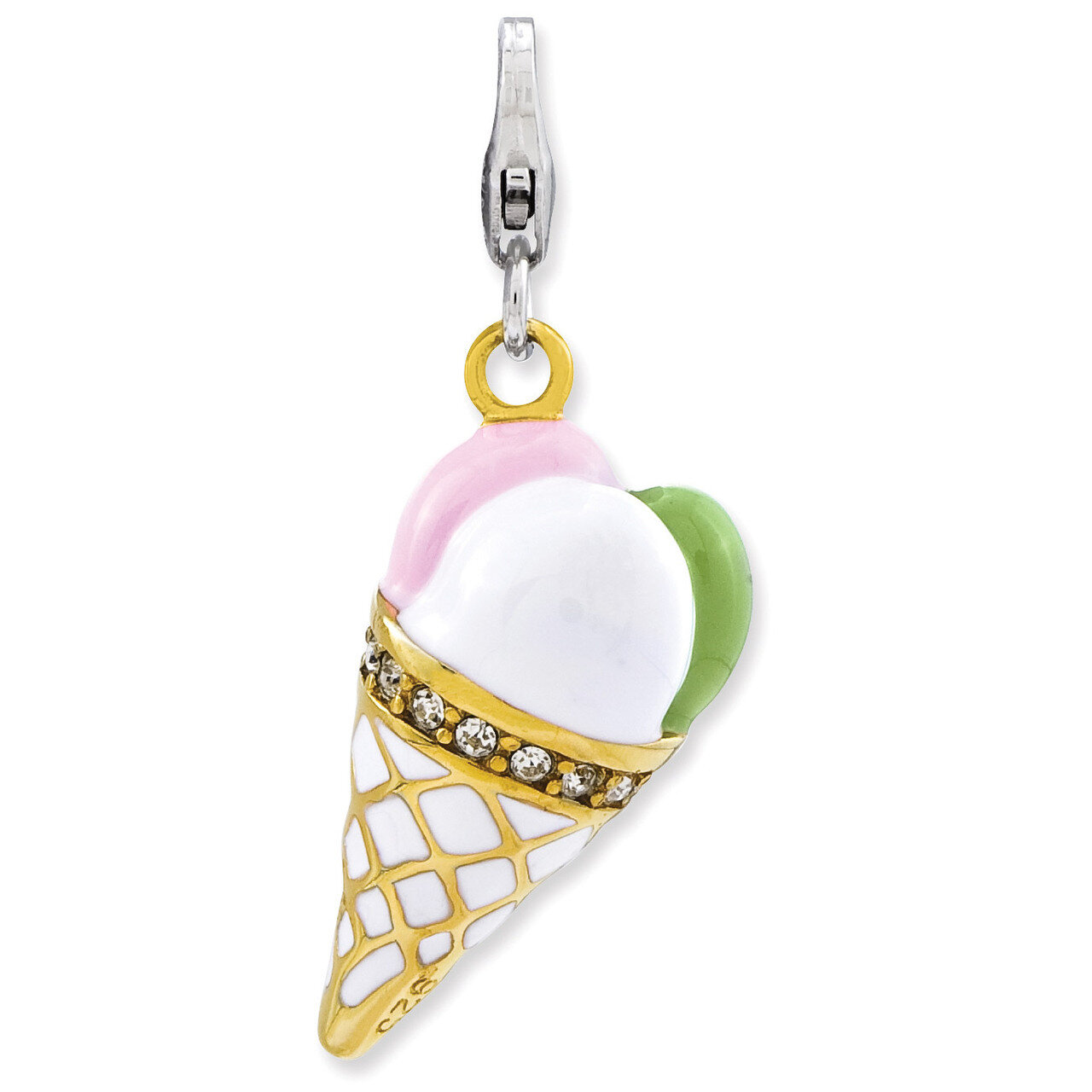 3-D Gold Plated Ice Cream Cone Charm Sterling Silver Enameled QCC804