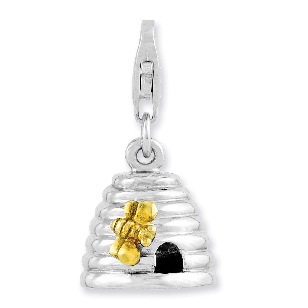 Gold Plated 3-D Beehive Charm Sterling Silver Rhodium Plated QCC978