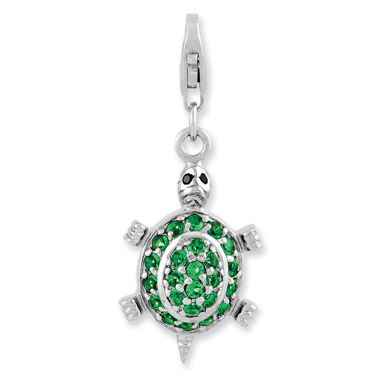 Synthetic Diamond Green Turtle Charm Sterling Silver Rhodium Plated QCC981