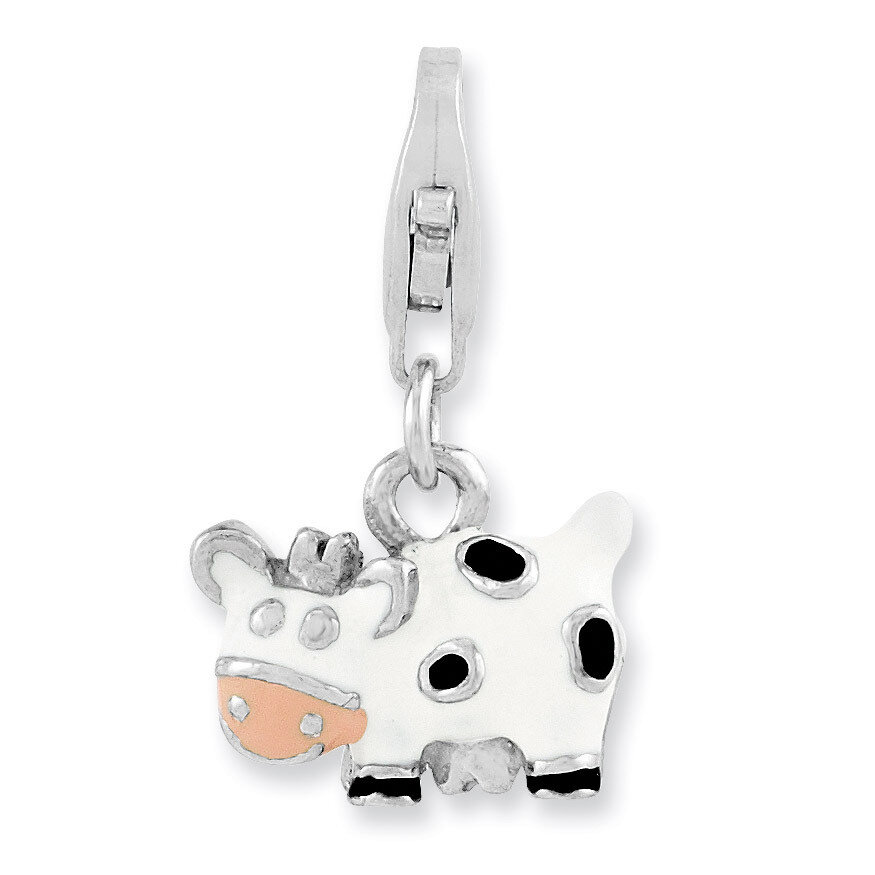 Enameled Cow Charm Sterling Silver Rhodium Plated QCC983