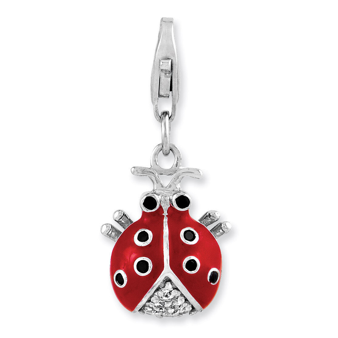 3-D Enameled Lady Bug Charm Sterling Silver Synthetic Diamond QCC985