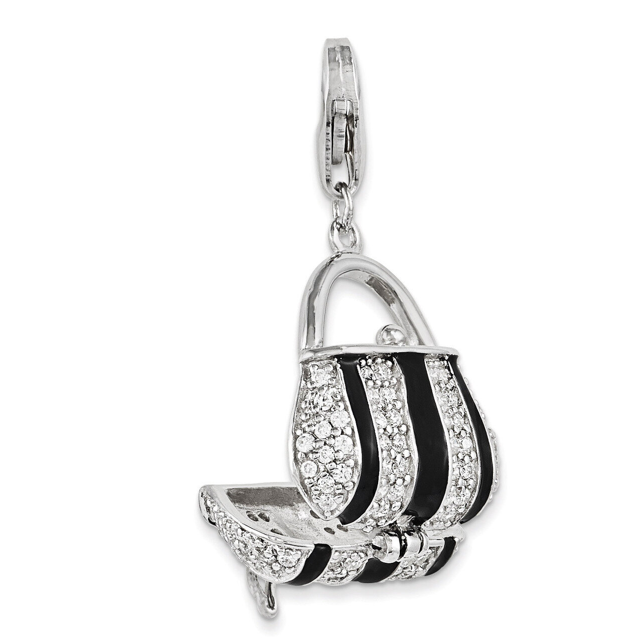 Black Enameled Synthetic Diamond Handbag Charm Sterling Silver QCC996