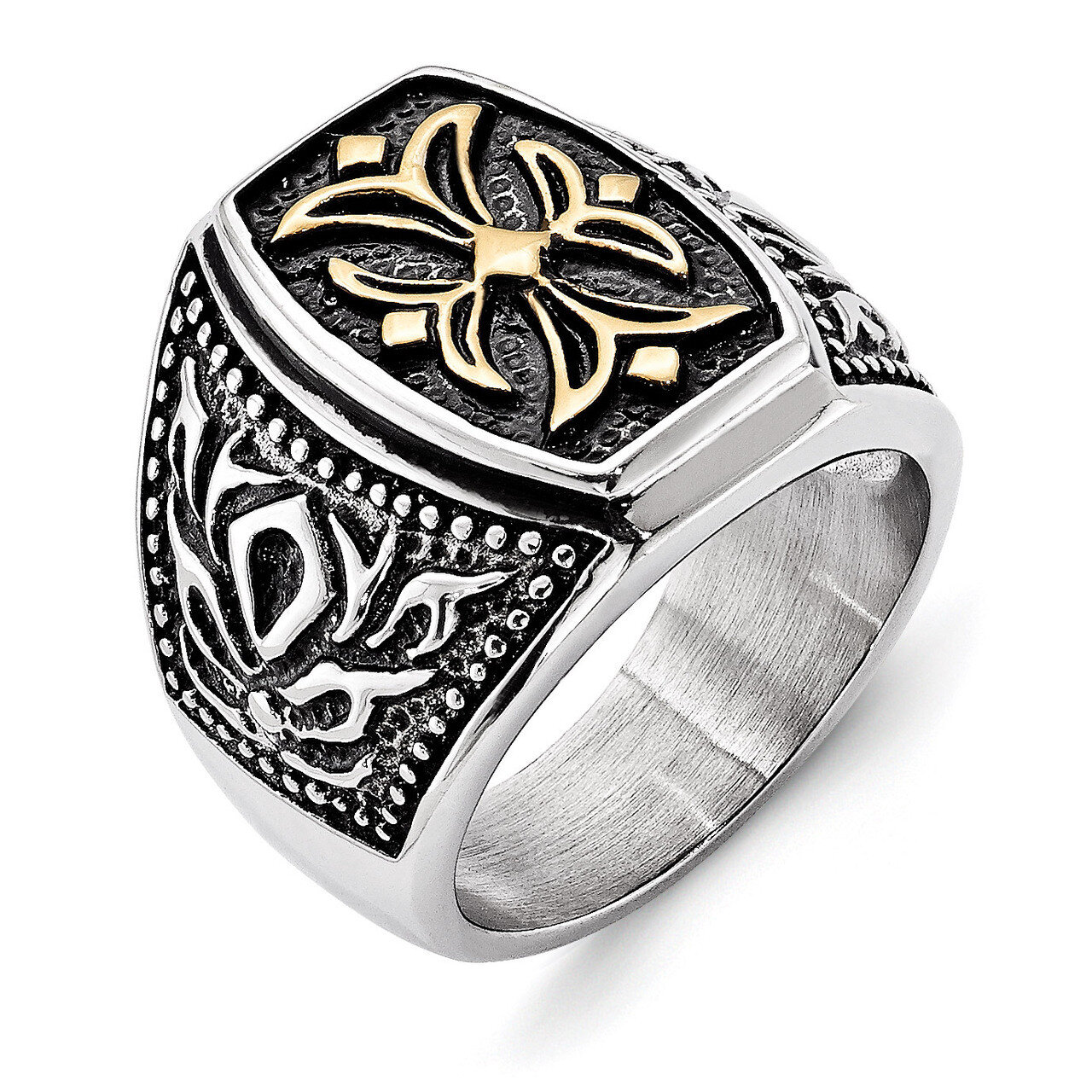 Antiqued &amp; Gold-plated Cross Ring - Stainless Steel SR203 by Chisel, MPN: SR203, 191101021121