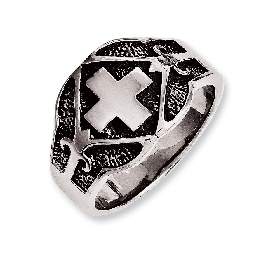 Polished & Antiqued Cross Ring - Stainless Steel SR235