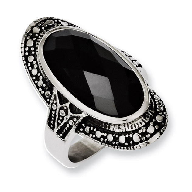 Black Glass Antiqued Ring - Stainless Steel SR238