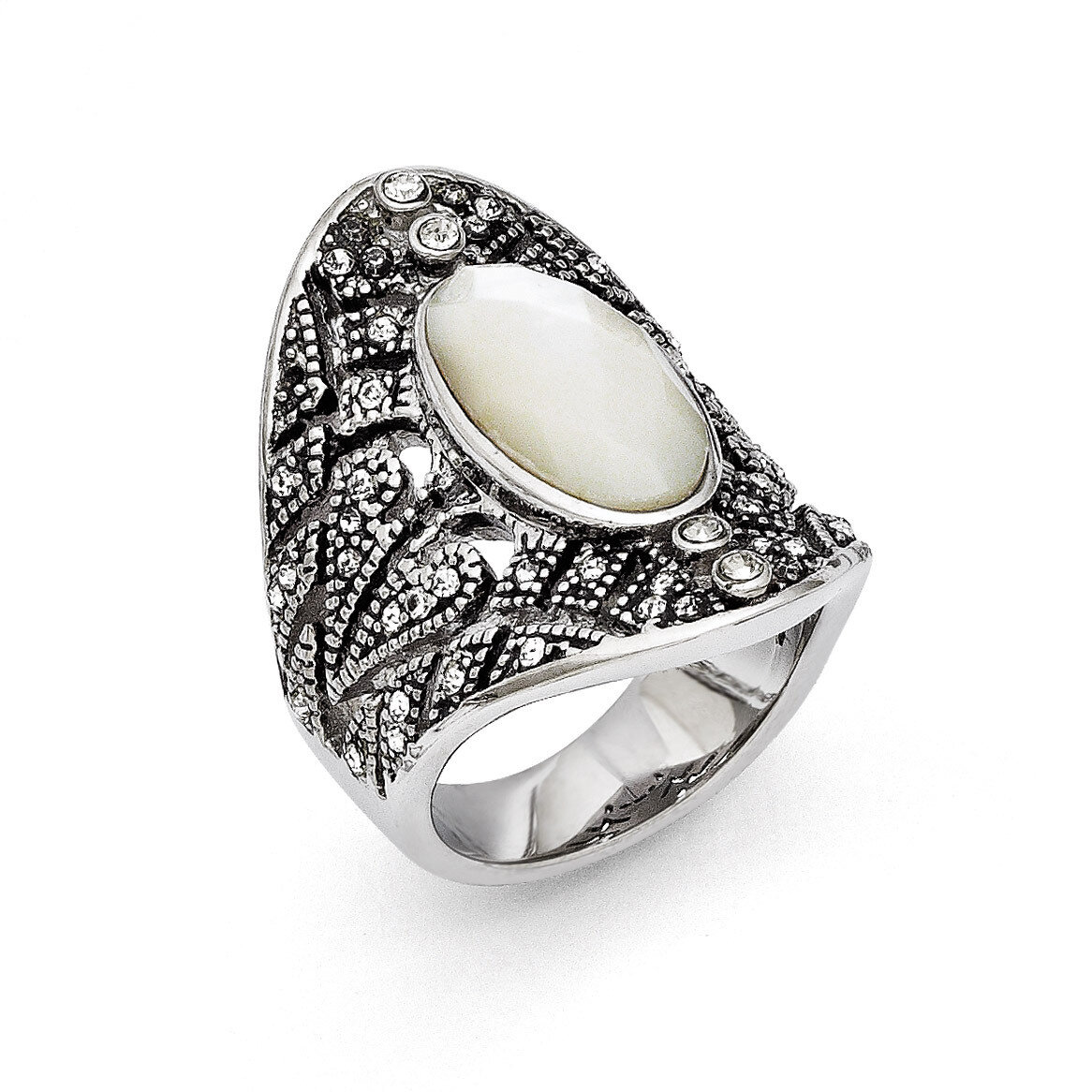 Antiqued Crystal and Mother of Pearl Ring - Stainless Steel SR271 by Chisel, MPN: SR271, 1911016434…