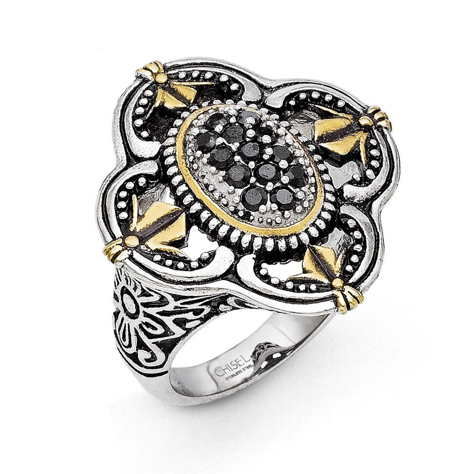Blue Glass with Yellow IP-plated Accent Antiqued Ring - Stainless Steel SR279 by Chisel, MPN: SR279…